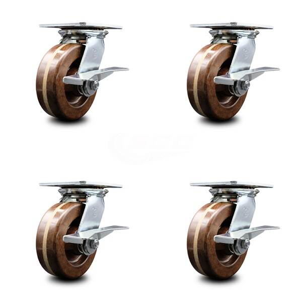 6 Inch Heavy Duty High Temp Phenolic Caster Set with Roller Bearings and Brakes